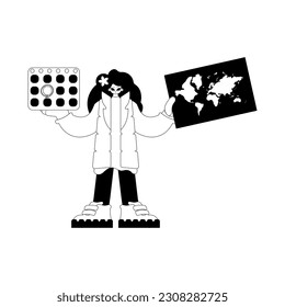 The young lady is holding a world chart and a calendar. Tourism subject. Dim and white line craftsmanship. Trendy style, Vector Illustration