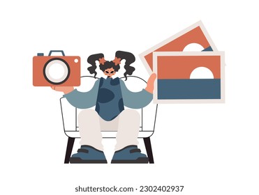 The young lady holds a camera and photographs in his hands. Withdrawn on white foundation. Trendy style, Vector Illustration