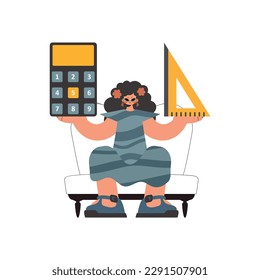 The young lady holds a ruler and a calculator in her hands, confined on a white foundation. Trendy style, Vector Illustration