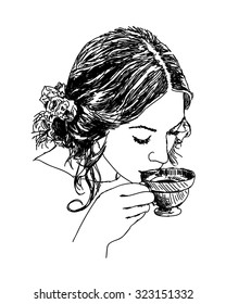 Young lady with hot coffee or tea