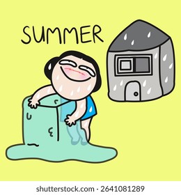 Young Lady Hug Giant Blocks Of Ice Rather Than Staying Inside All Summer Concept Cartoon Character illustration