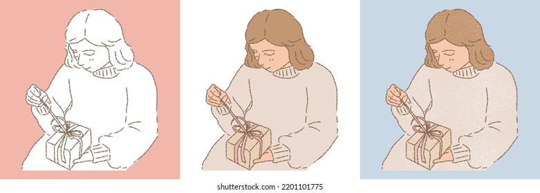 Young Lady In Light Brown Sweater Unwrapping A Present. Set Of Different Styles Hand Drawn Flat Vector Illustration Isolated On Colored Background.