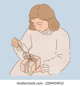 Young Lady In Light Brown Sweater Unwrapping A Present. Hand Drawn Flat Vector Illustration In Colored Pencil Texture Style.