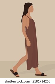 A young lady with long hair in a sundress and sandals. Vector flat image of a girl in summer clothes. Design for postcards, avatars, posters, backgrounds, templates, textiles, banners.