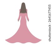 Young lady in long pink evening dress. Back view. Vector illustration. Tall brunette woman with long hair. Isolated white background. Flat style. Idea for web design.