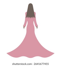 Young lady in long pink evening dress. Back view. Vector illustration. Tall brunette woman with long hair. Isolated white background. Flat style. Idea for web design.