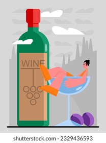 Young lady lying glass near bottle with wine. People engaged in manufacturing organic wine. Process of making alcohol drinks. Wine production sector. Vector flat illustration