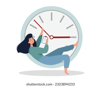 Young lady lying on clock, planning work time and resting. Time management concept. Woman organizes schedule and work time. Flat vector illustration in blue and red colors