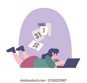 Young lady lying on floor and working on laptop. Time management. Process of planning schedule for working and relaxing. Effective time management. Vector flat illustration