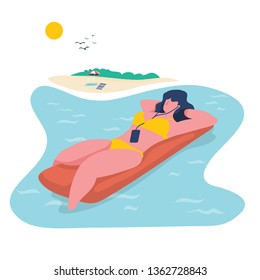 Joven tendida en el inflable, escuchando música de un smartphone. Ilustración de diseño plano.