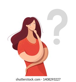 Young lady making decision vector illustration. Cartoon woman looking for answer, solution to problem isolated character. Confused girl thinking with hand on chin gesture and question mark