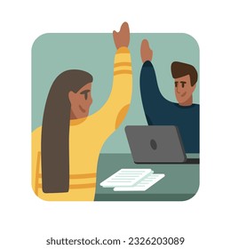 Joven dama y hombre se saludan en el cargo. Concepto de cooperación y asociación con colegas. Apoyo y trabajo en equipo exitoso en los negocios. Ilustración plana vectorial en colores azul y amarillo