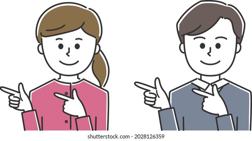 Young lady and man guiding someone to somewhere. Vector illustration isolated on white background.