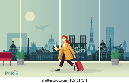 Young lady in a mask with Luggage at the airport. Against the background of an abstract panorama of the Paris attractions. Highly detailed vector illustration in flat style