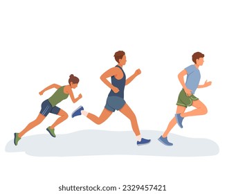Young lady and men in sport clothes running outside. Doing cardio exercises together. Active and healthy lifestyle. Time to lose weight. Vector flat illustration