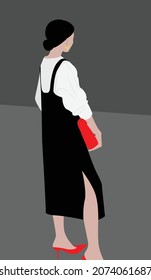 Young lady in a midi dress with a white shirt. Black-haired lady vector flat image. Contemporary painting. Design for cards, posters, backgrounds, templates, postcards, textiles, avatars.