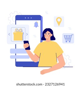 Young lady order delivery for present. Buying gifts online. Customers buying goods over Internet. Making purchases, choosing goods online. Flat vector illustration in blue colors