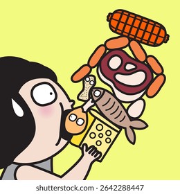Young Lady Is Over Eating Extra Protein In One Meal Concept Cartoon Character illustration
