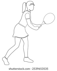 Young lady playing tennis. Line illustration isolated on a white background. Tennis player, sports, pose.