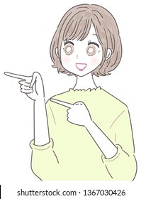 A young lady points to the left side.