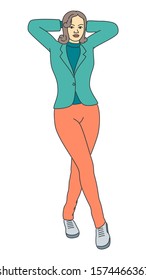 Young lady posture vector illustration. Beautiful woman in a dominant pose with crossed legs. Isolated cartoon caucasian girl character. Slim office manager, student or pretty secretary clip art.