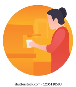 
Young lady pouring coffee from coffee machine, coffee shop icon 
