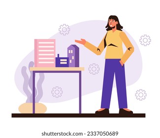 Joven presentando el diseño con los edificios. Planificación de la construcción de edificios. Arquitecto trabajando en el proyecto. Proceso de creación de proyecto de casa. Ilustración vectorial plana en colores púrpura