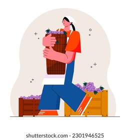 Young lady in protective clothes holding big basket with grapes, going near wood boxes with berries and preparing grapes for wine production. Flat vector illustration in blue, red and purple colors