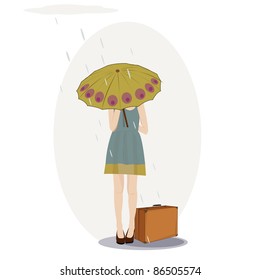 young lady in the rain vector illustration