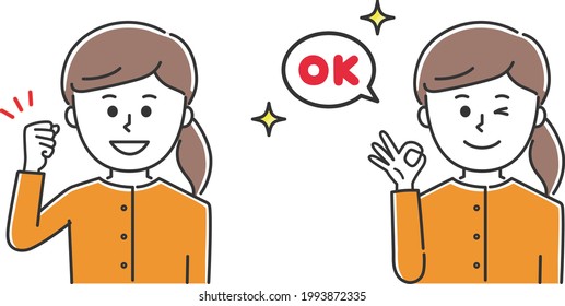 Young lady raising her fist and making an OK sign. Vector illustration isolated on white background.