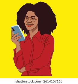 young lady reading her cell phone messages while looking happy