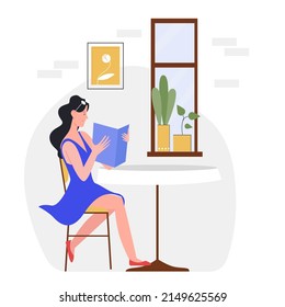 Young lady reading menu in cafe. Having coffee break, cafeteria lunch service isolated illustration