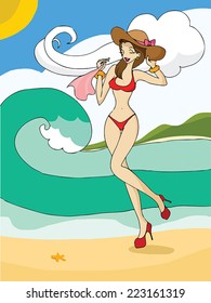 Young lady in red bikini walking along beach with the wind.