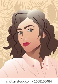 Young lady with red lips, curly hair and rose shirt smiling. Floral ornaments on background
