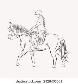 young lady riding a horse line art illustration