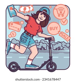 Young lady riding scooter and select product via smartphone. Cashless payment concept. Online shopping concept. Paying cashless. Flat vector illustration in cartoon style