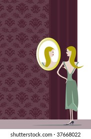Young lady in the room. Vector illustration.