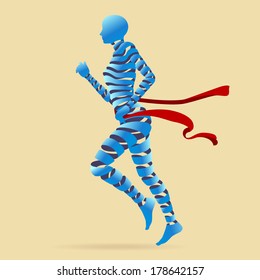 Young lady running and exercises with abstract ribbon shapes of people, vector illustrations and flat design.