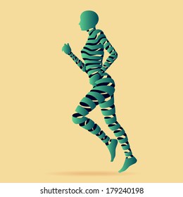 Young lady running and exercises with abstract ribbon shapes of people, vector illustrations and flat design.