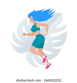 Young lady running. Happy fitness woman. Colorful Woman on white background. Jogging. Dynamic movement. Side view. Summer sport time. Nature. Monstera.