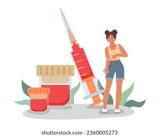 Joven mostrando parche en la mano y parado cerca de la jeringa y donando sangre. Miembros voluntarios de la organización. Impacto de la sangre para salvar vidas. Ilustración vectorial plana en estilo de dibujos animados