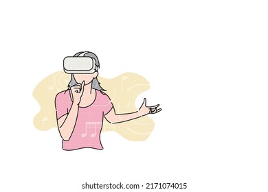 Young Lady Singing Online On VR Apps. Virtual Reality Concept. Vector Illustration Design