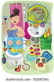Young lady sitting in a bath surrounded different stuff.