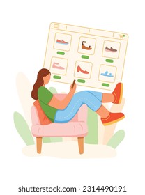 Young lady sitting in chair and choosing shoes in online store. Cartoon character buying things on seasonal sales at online stores. Big sales and discounts. Shopping over Internet. Vector