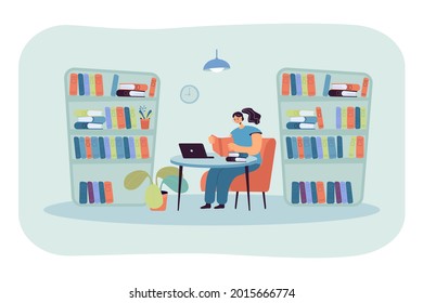 Young lady sitting at desk in library and reading book. Girl studying in room with bookcases flat vector illustration. Education, knowledge concept