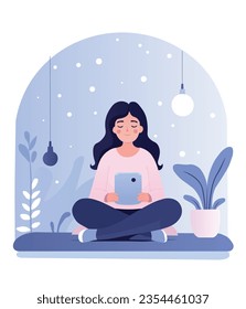 Young lady sitting in her bed and looking into the laptop. Soft colors, night time illustration. Sleep disorder