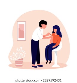 Young lady sitting in hospital and getting vaccinated. Human clinical trials vaccination shot. Giving vaccination for kids. Vector flat illustration in red and blue colors