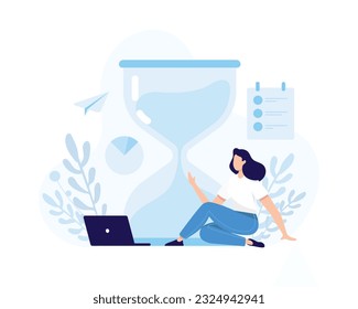 Young lady sitting near big hourglasses and work productively. Successfully time management. Process of active work, business concept. Vector flat illustration in blue colors