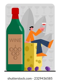 Young lady sitting on cheese near bottle with wine, holding glass of drink. Tasting wine from organic grapes. Serving alcohol drinks in restaurant. Vector flat illustration