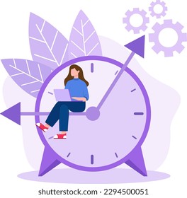 Junge Dame sitzt auf der Uhr und arbeitet produktiv am Laptop. Zeitmanagement-Illustration mit Cartoon-Charakter, der pünktlich Arbeit leistet. Vektorgrafik in flachem Design, in violetten Farben